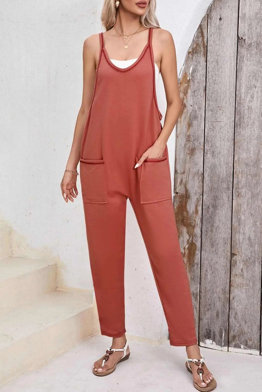 Gold Flame Side Pockets Harem Pants Sleeveless V Neck Jumpsuit - Love Salve